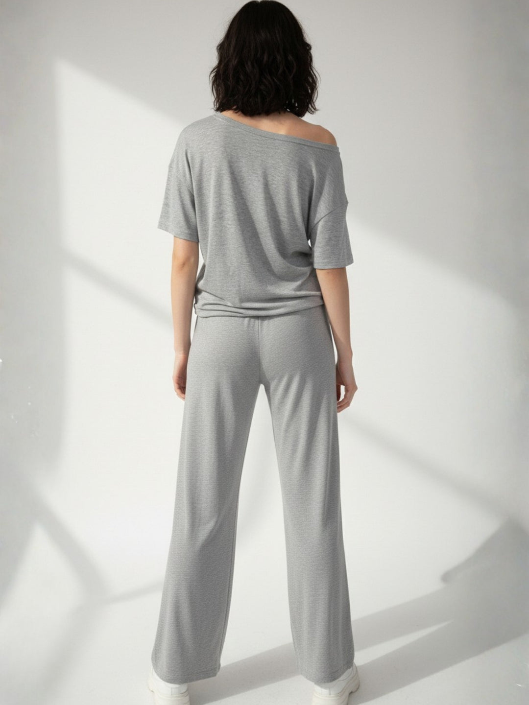 Grey Off-Shoulder Relaxed Top And Pant Co-Ord Set