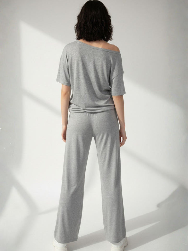 Grey Off-Shoulder Relaxed Top And Pant Co-Ord Set