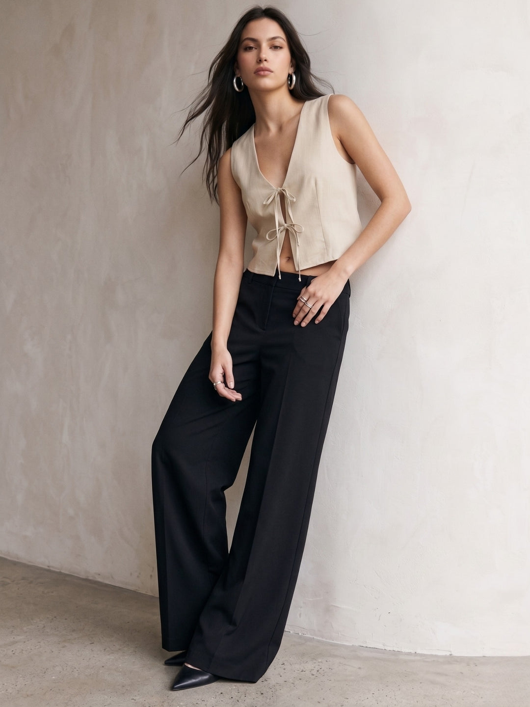 Khaki Plunge Neck Front Tie Up Top