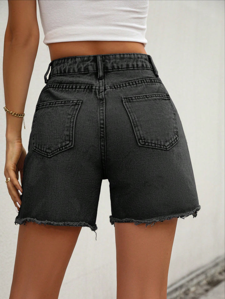 Black High Waist Denim Shorts With Freyed Hem