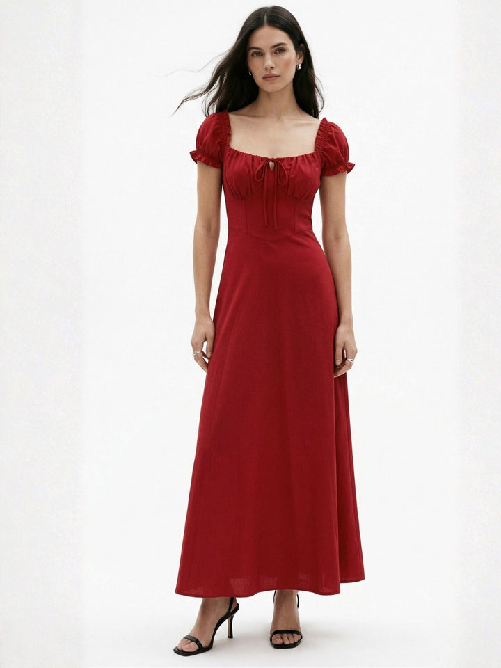 Burgundy Short Sleeve Sweetheart Neck Dress