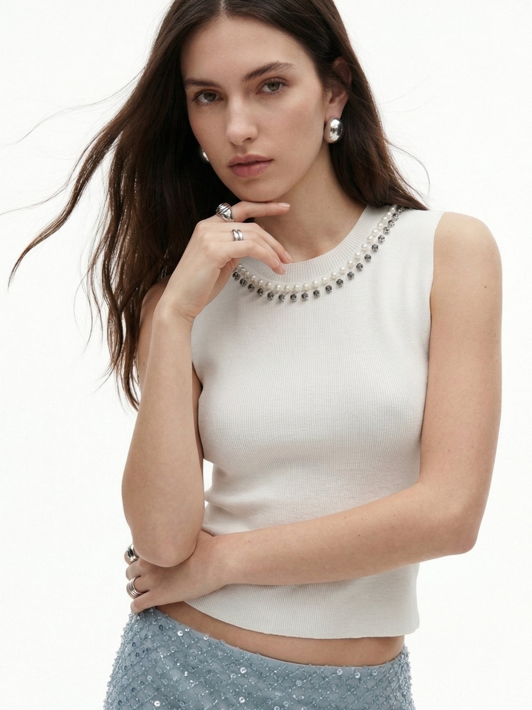 White Sleeveless Neck Embellished Tank