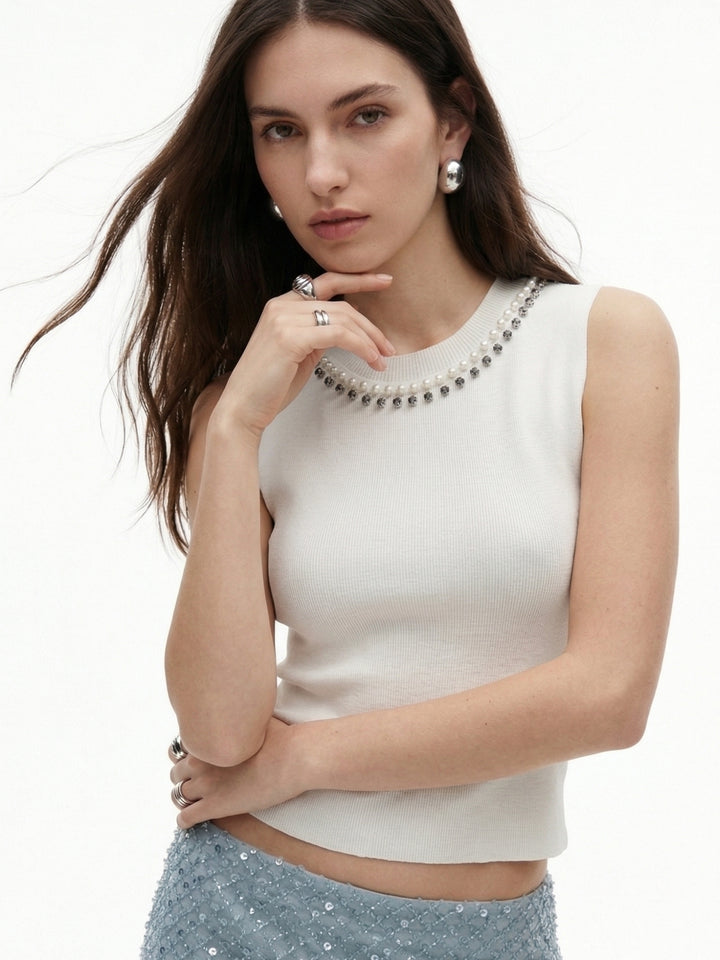 White Sleeveless Neck Embellished Tank