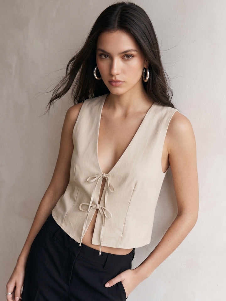 Khaki Plunge Neck Front Tie Up Top