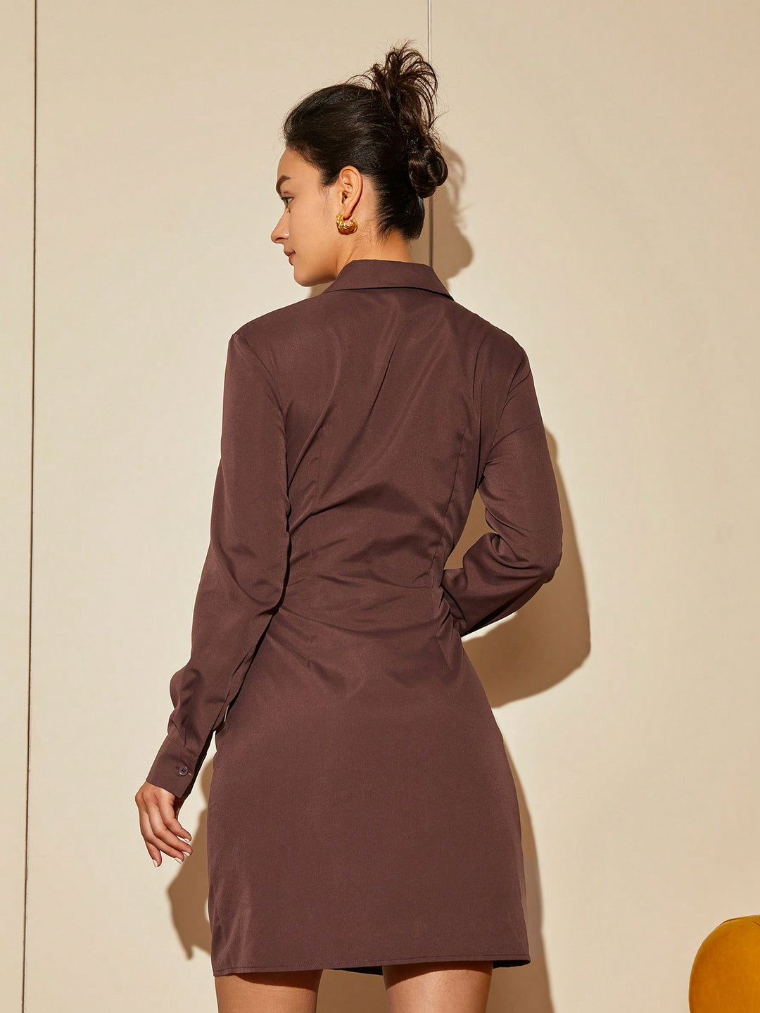Brown Ruched Shirt Dress
