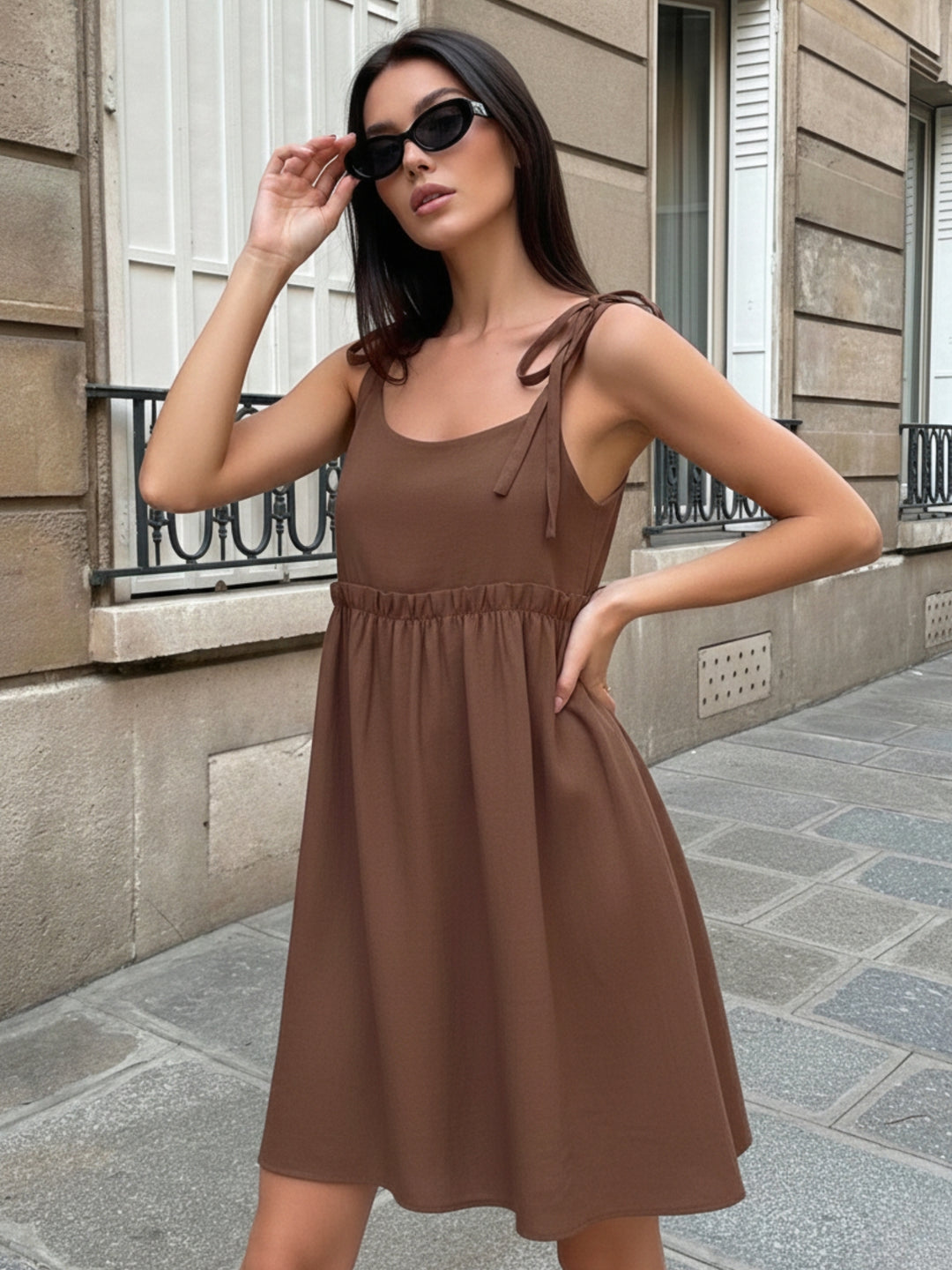 Brown Strappy Tie Up Skater Flowy Dress
