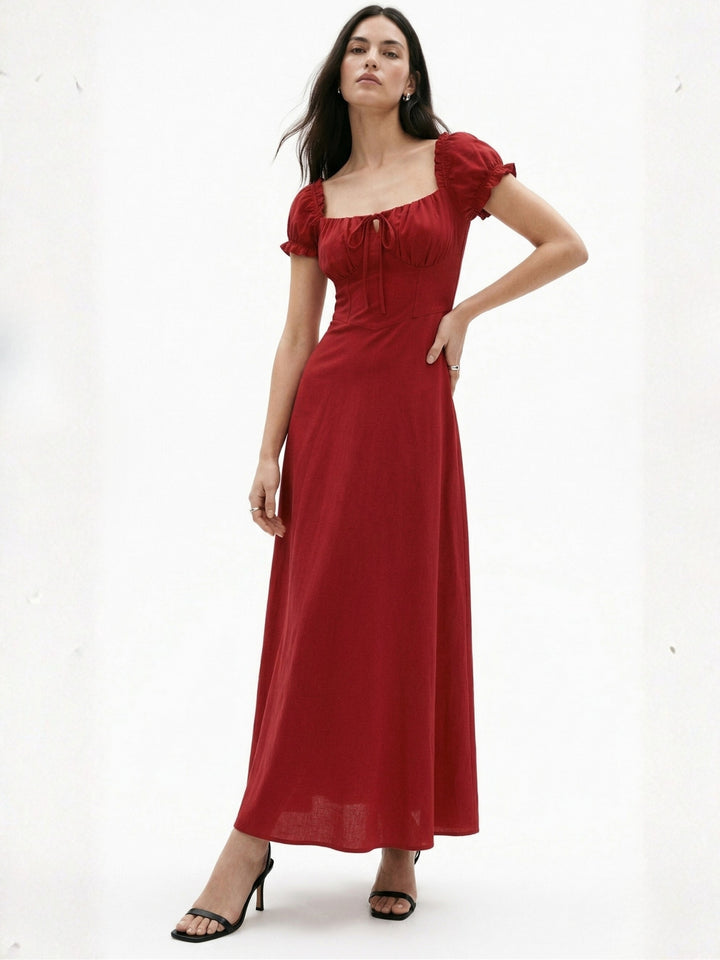 Burgundy Short Sleeve Sweetheart Neck Dress