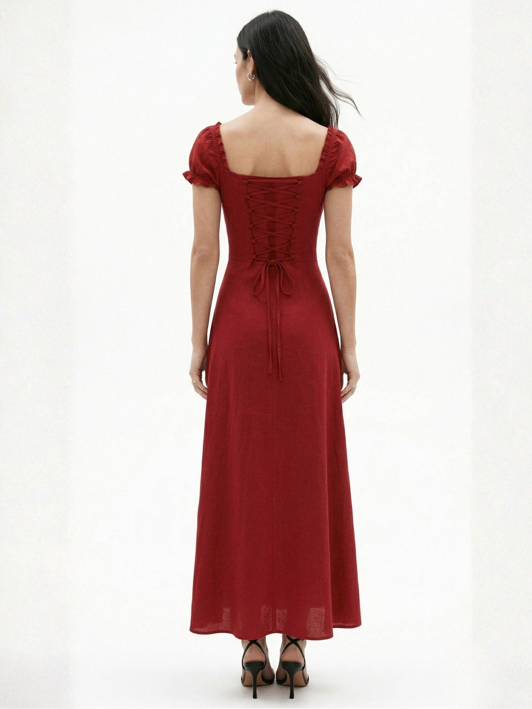 Burgundy Short Sleeve Sweetheart Neck Dress