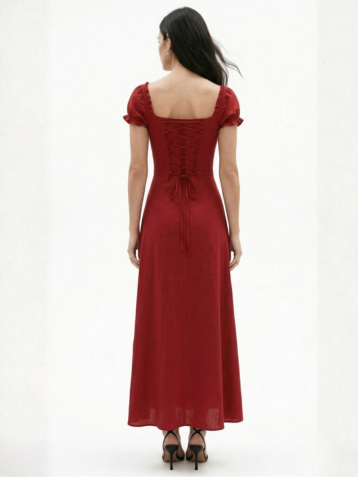 Burgundy Short Sleeve Sweetheart Neck Dress