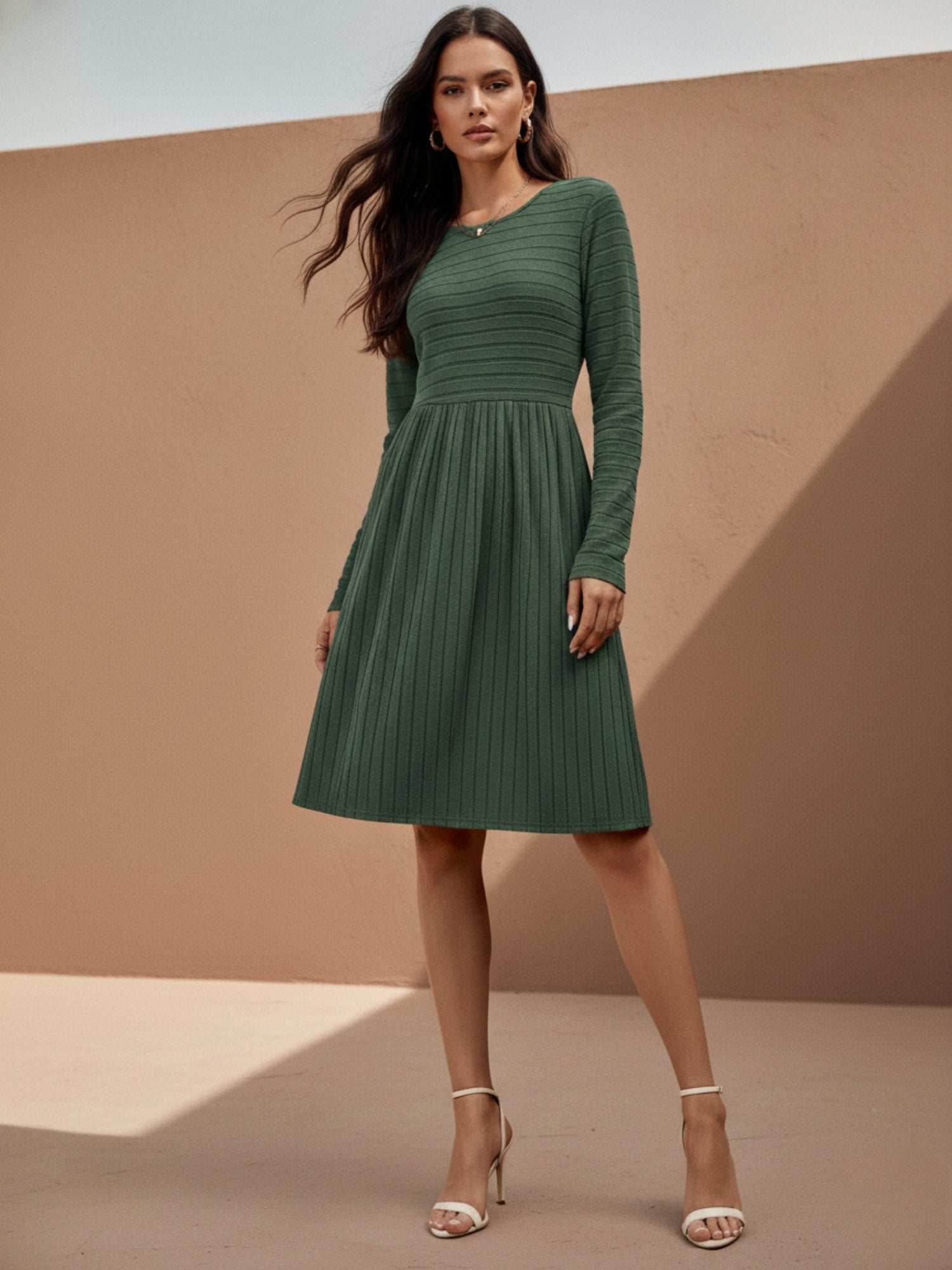 Olive Textured Rib Skater Dress