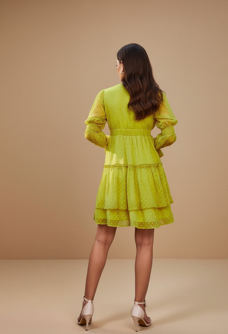 White Bishop Sleeve V Neck Tiered Dress