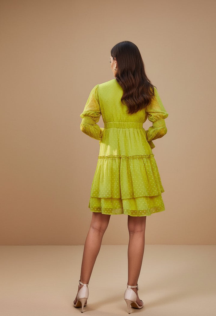 White Bishop Sleeve V Neck Tiered Dress