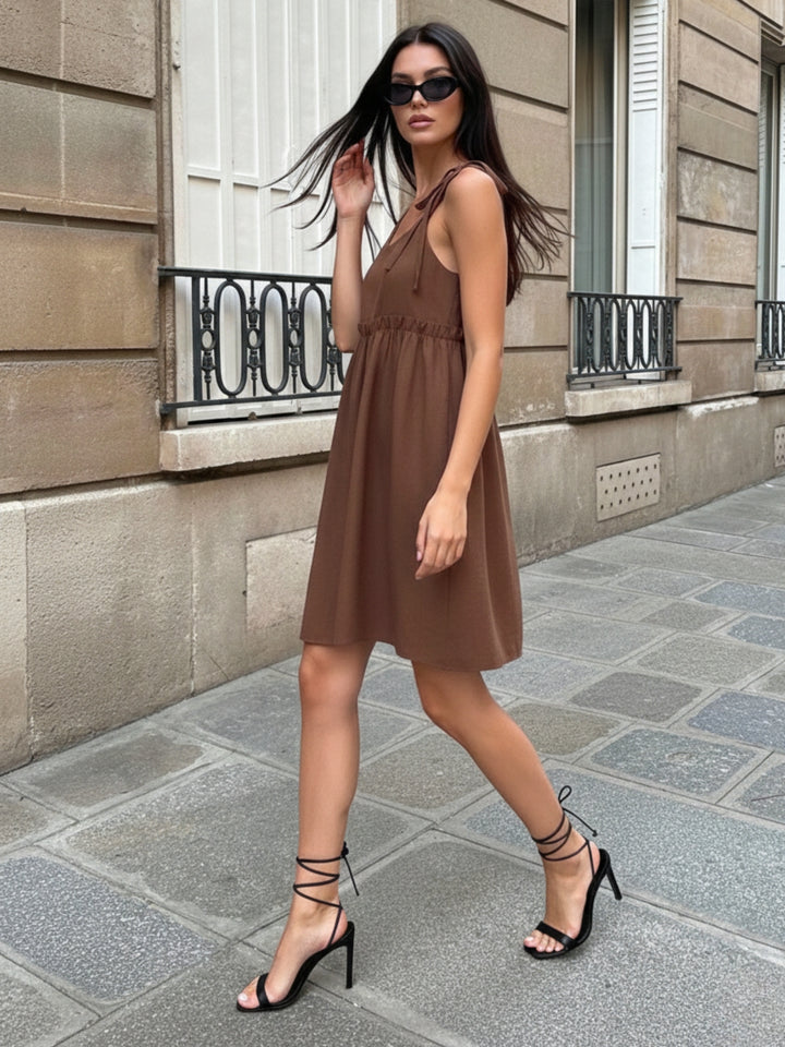 Brown Strappy Tie Up Skater Flowy Dress