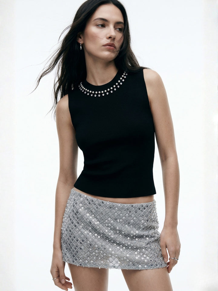 Black Sleeveless Neck Embellished Tank
