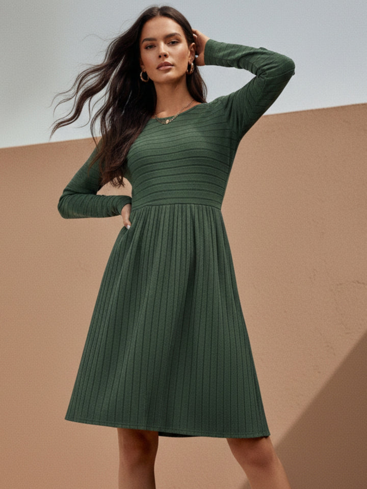 Olive Textured Rib Skater Dress