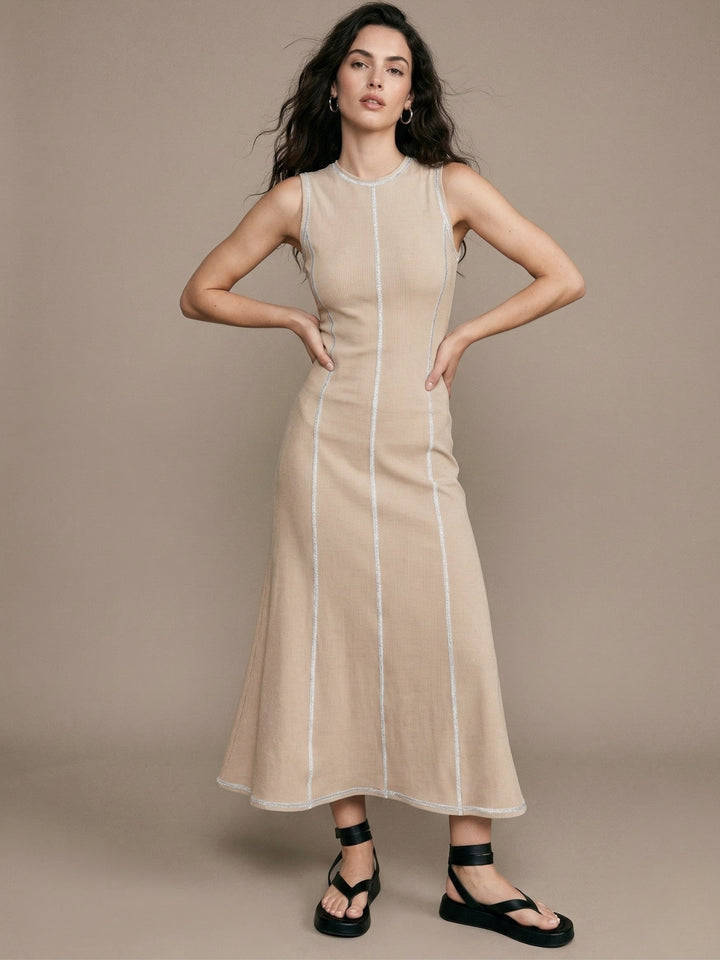 Beige Sleeveless Seam Detail Dress
