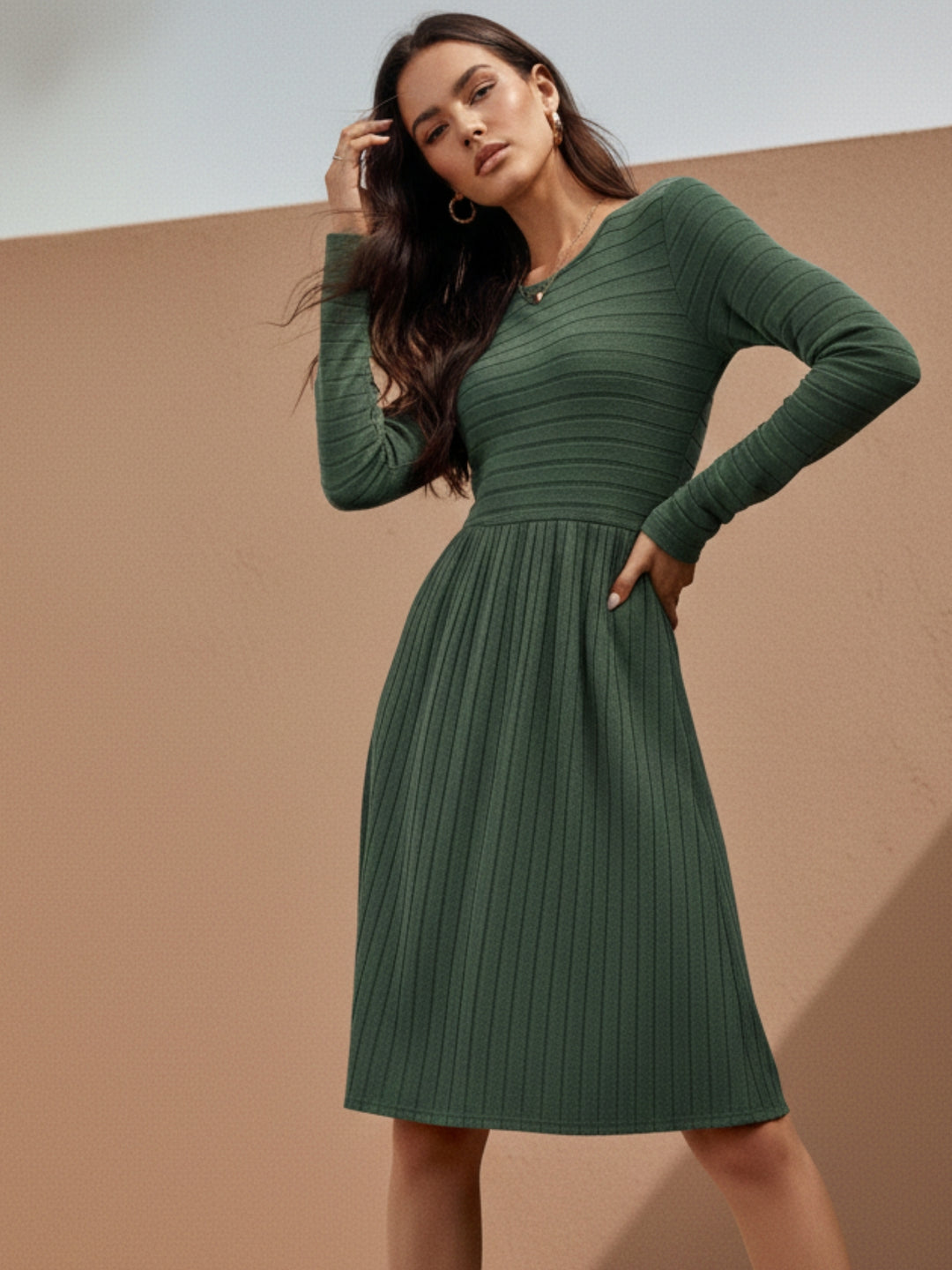 Olive Textured Rib Skater Dress