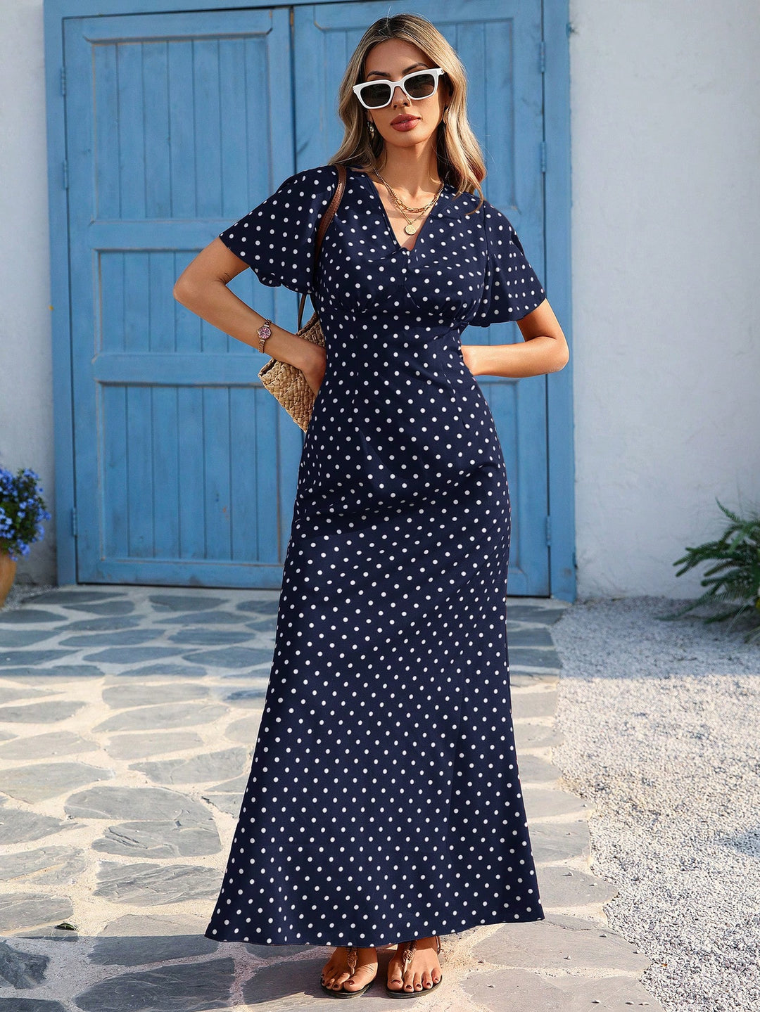 Navy Blue V Neck Flutter Sleeves Maxi