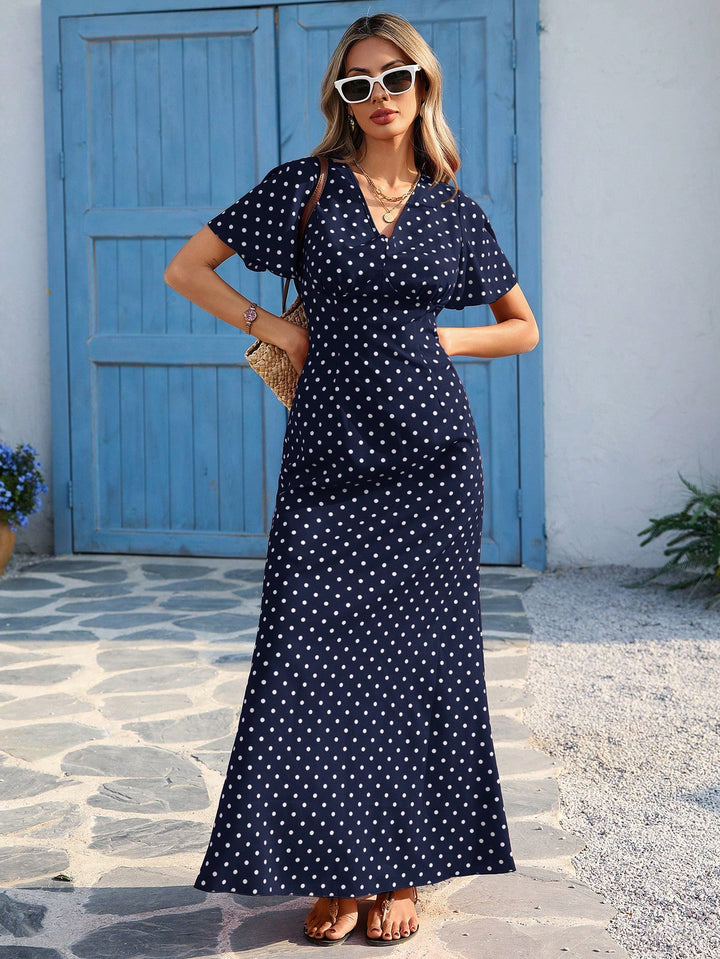 Navy Blue V Neck Flutter Sleeves Maxi