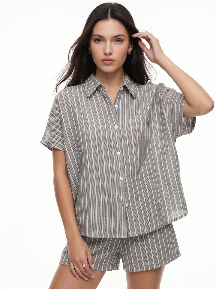 Grey Button Down Striped Shirt And Shorts Co-Ord Set