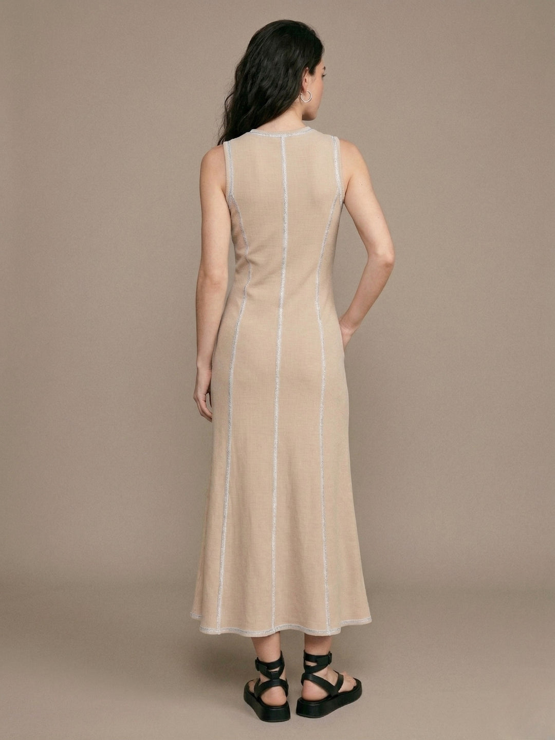 Beige Sleeveless Seam Detail Dress
