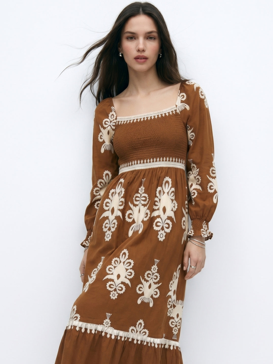 Brown Bishop Sleeve Square Neck Printed Dress