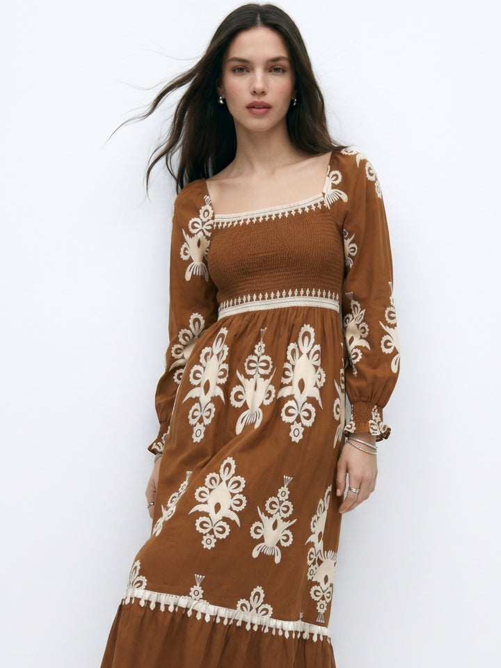 Brown Bishop Sleeve Square Neck Printed Dress