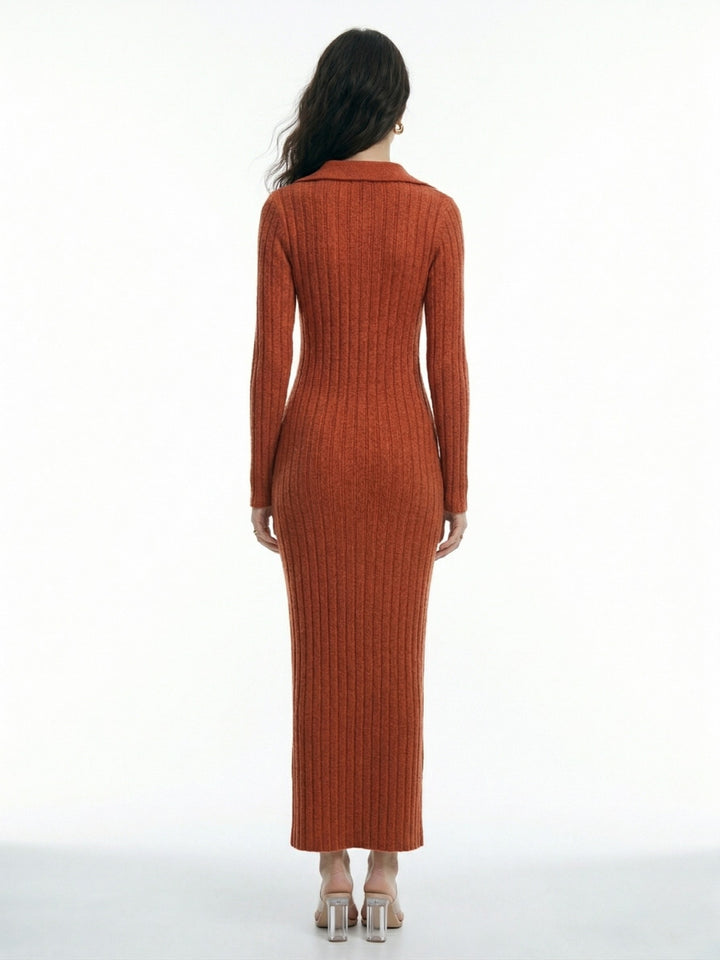Rust Collared Wide Spaced Rib Dress