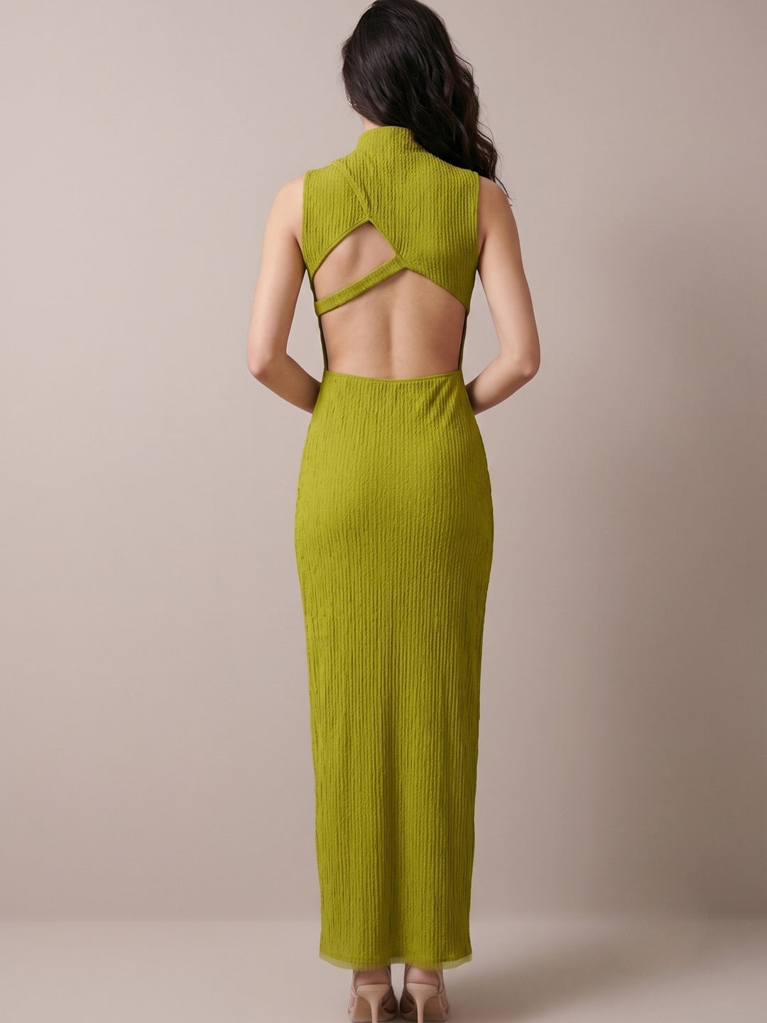 Green High Neck Fitted Dress With Thigh High Slit
