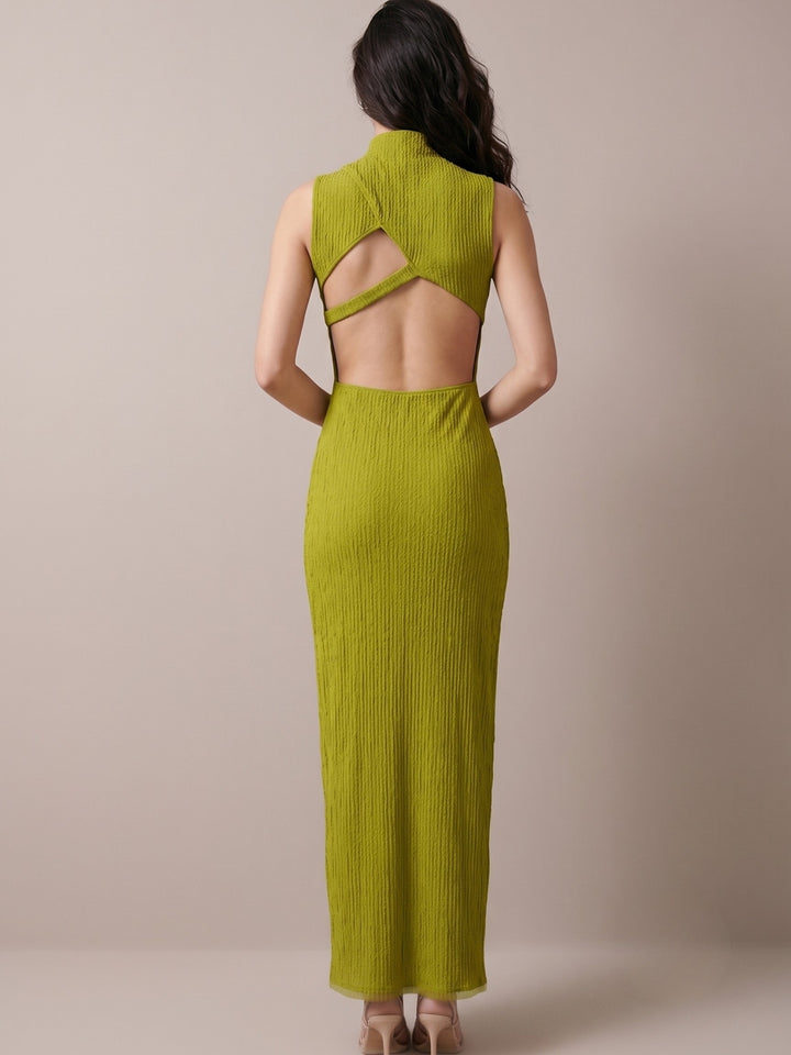 Green High Neck Fitted Dress With Thigh High Slit