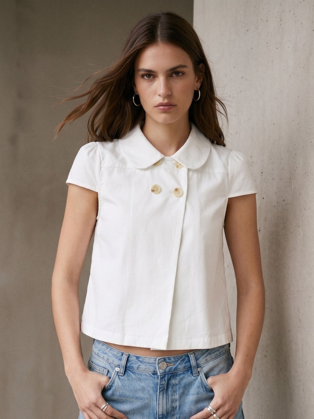White Short Sleeve Front Buttoned Collared Top
