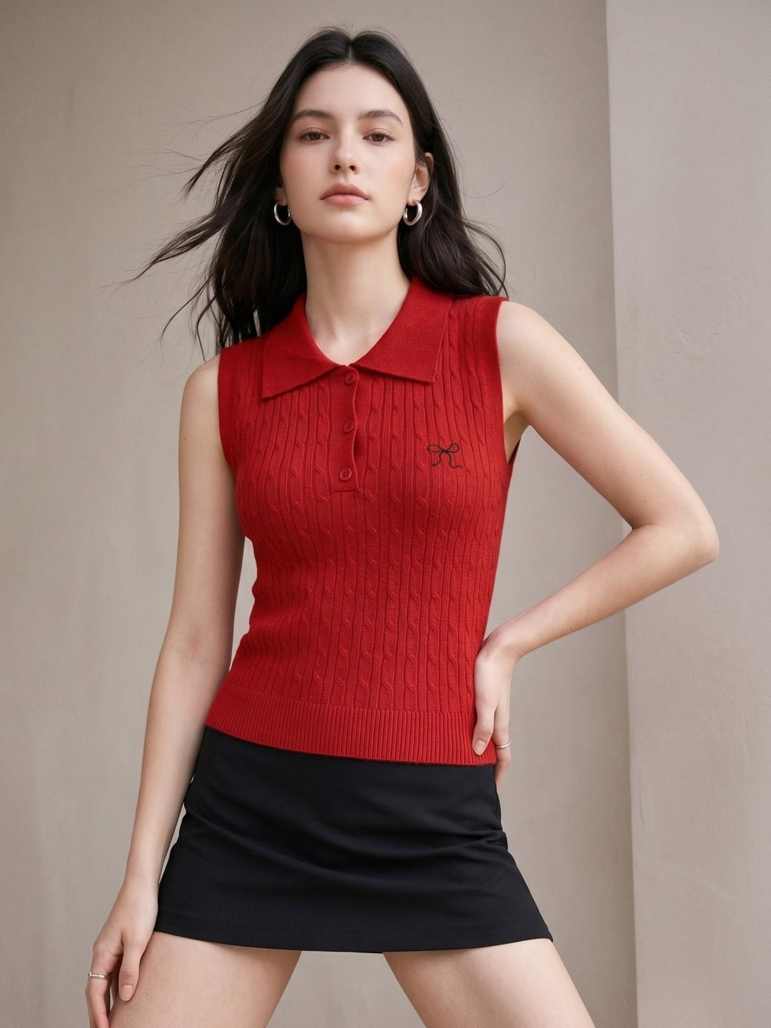 Red Cable Textured Polo Top With Bow Embroidery