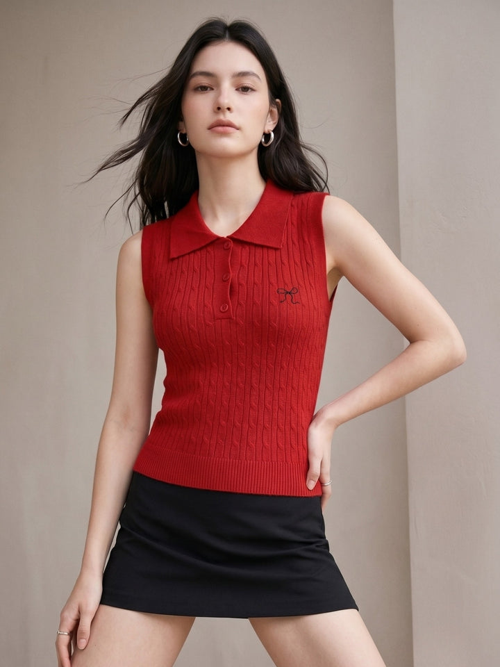 Red Cable Textured Polo Top With Bow Embroidery