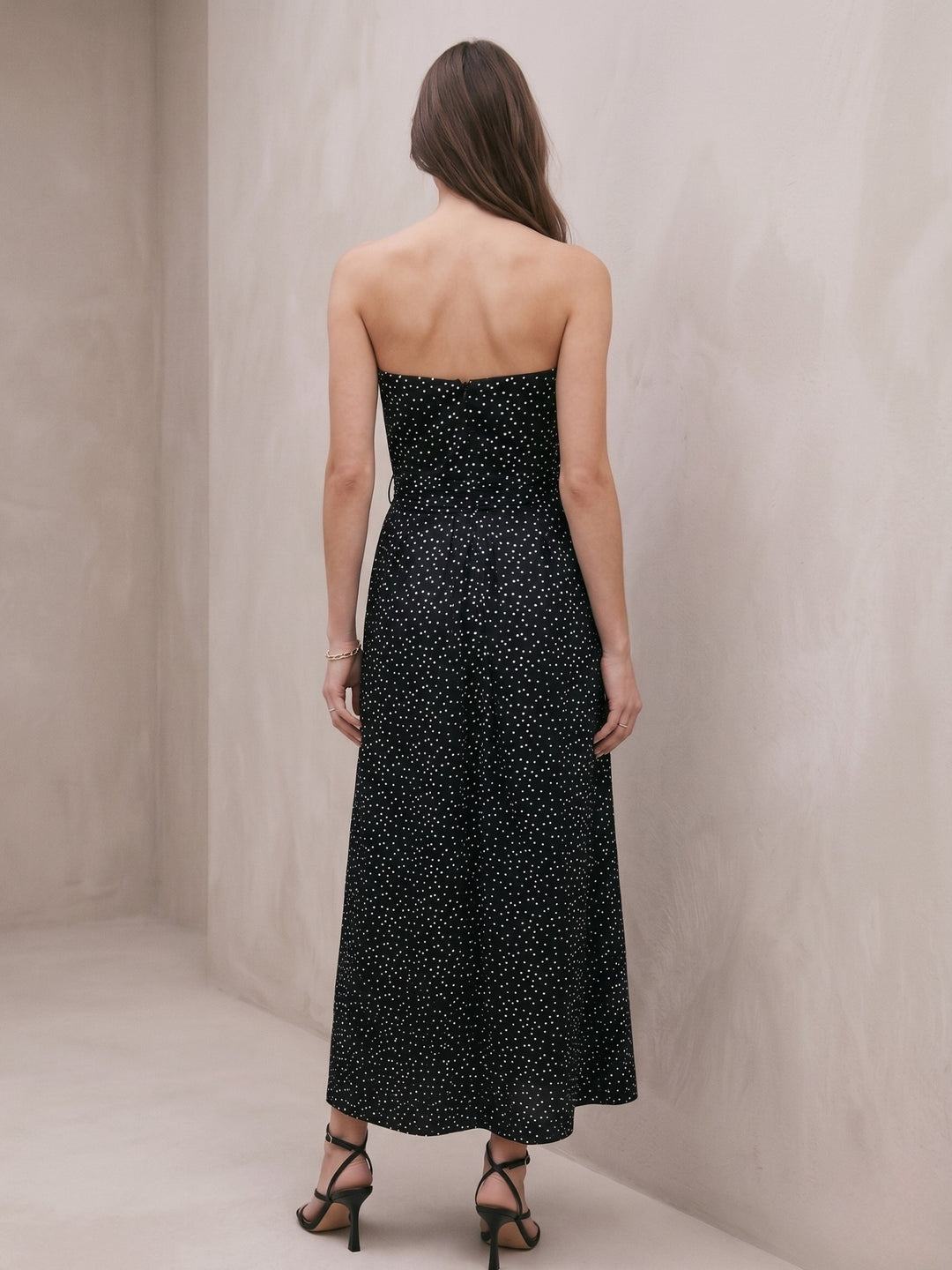 Black Polka Dot Flared Dress With Fitted Bodice