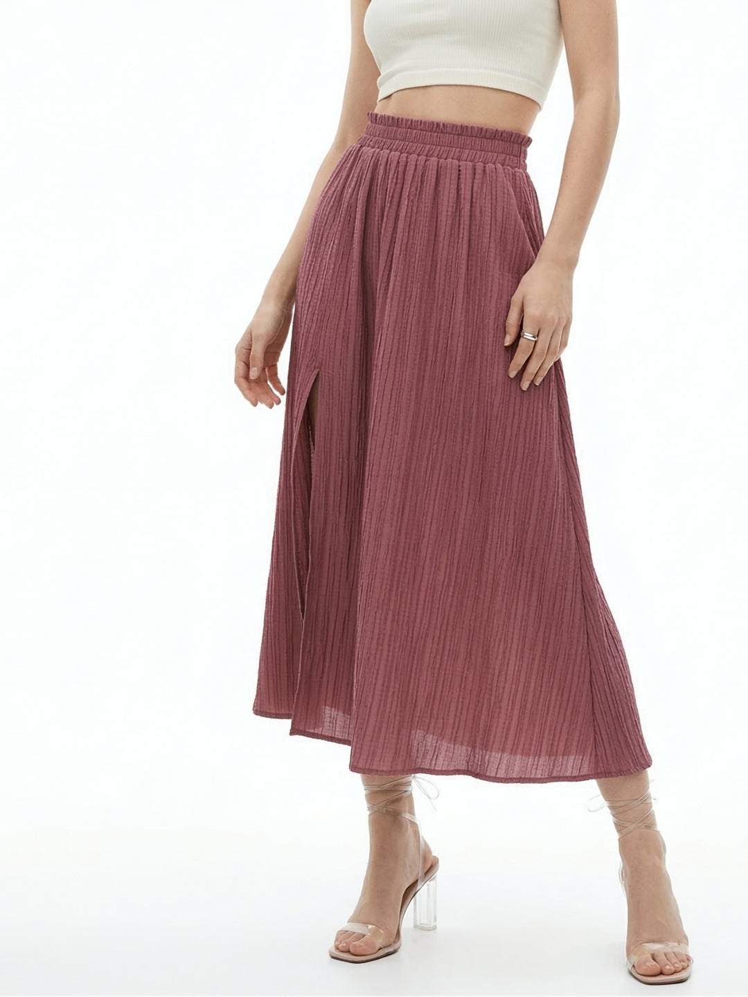 Mauve Smocked Waist Band Pleated Skirt