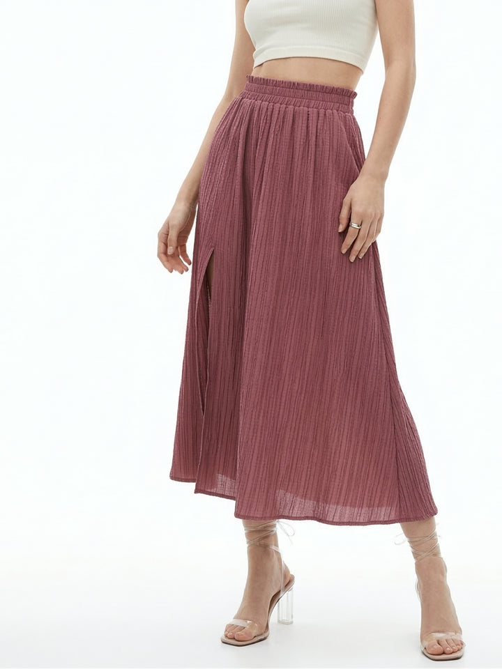 Mauve Smocked Waist Band Pleated Skirt