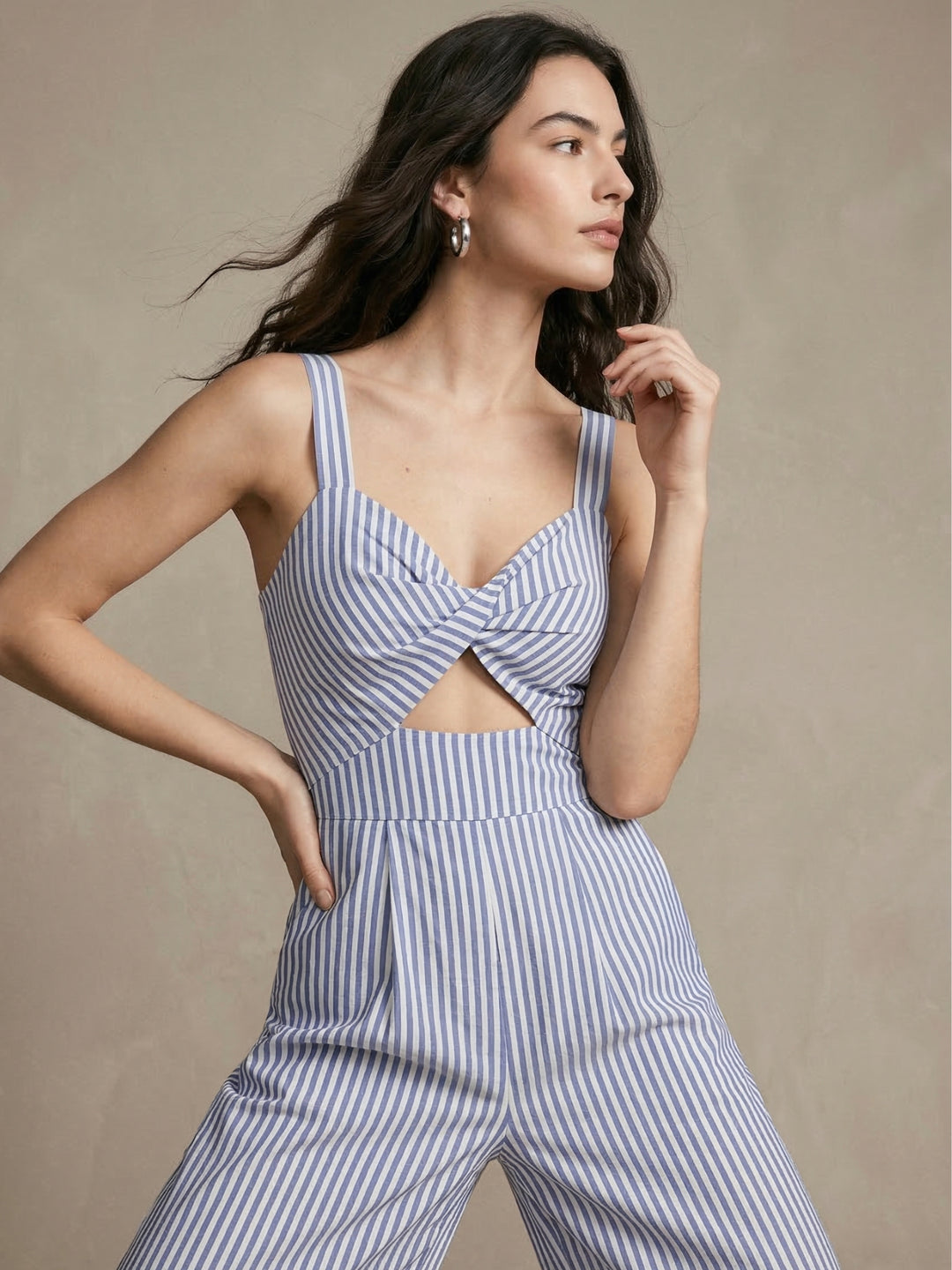 Blue Shoulder Strap Waist Cut-Out Jumpsuit