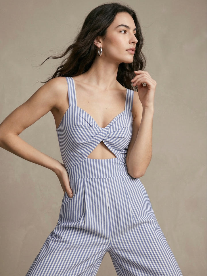 Blue Shoulder Strap Waist Cut-Out Jumpsuit