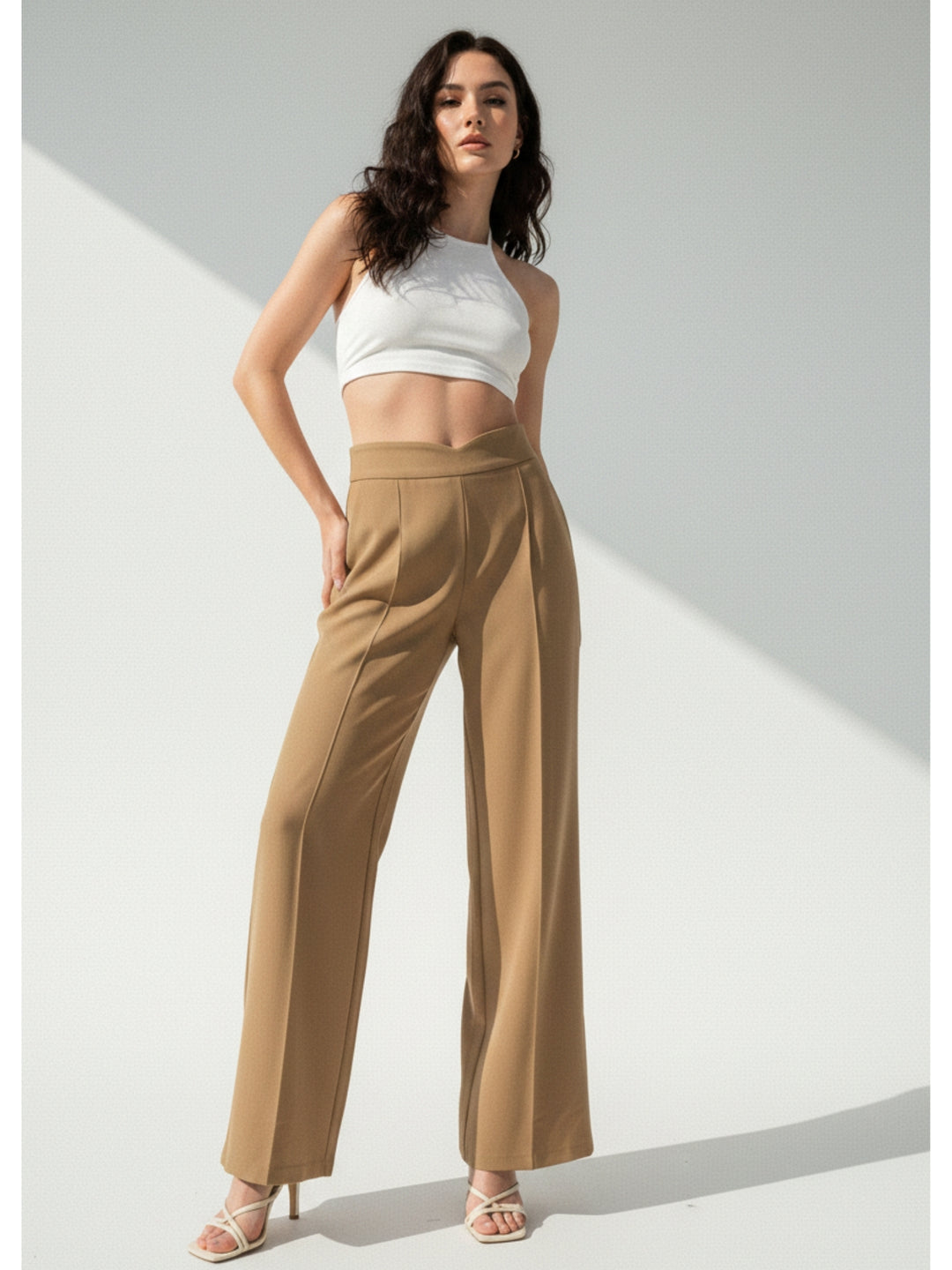 Beige High Waist Wide Leg Pant