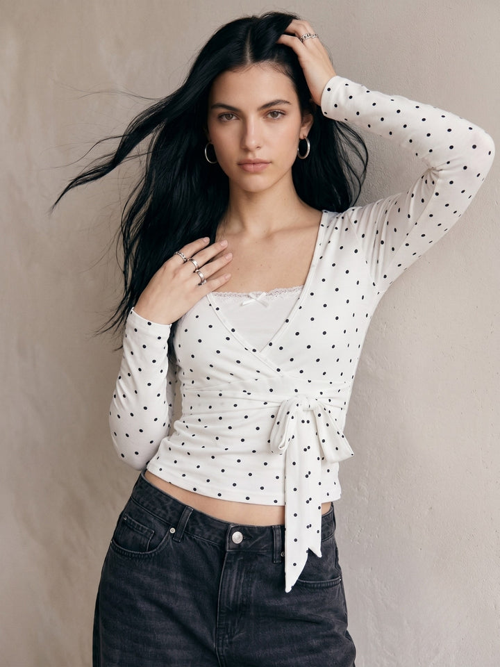 White Polka Dotted Wrap Neck Top