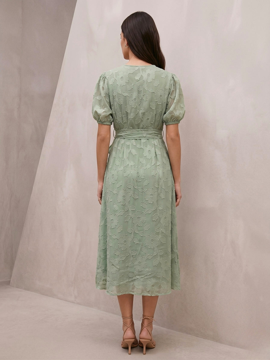 Green Midi Length A Line Dress In Jacquard Fabric