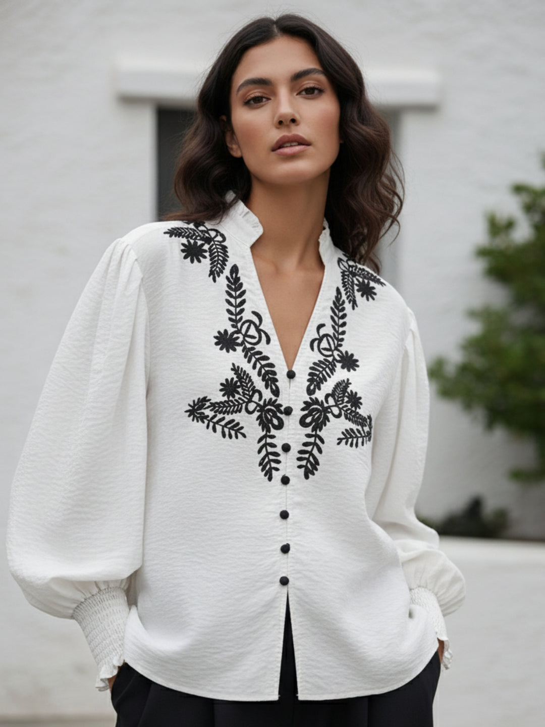 White Bishop Sleeve V Neck Embroidered Top