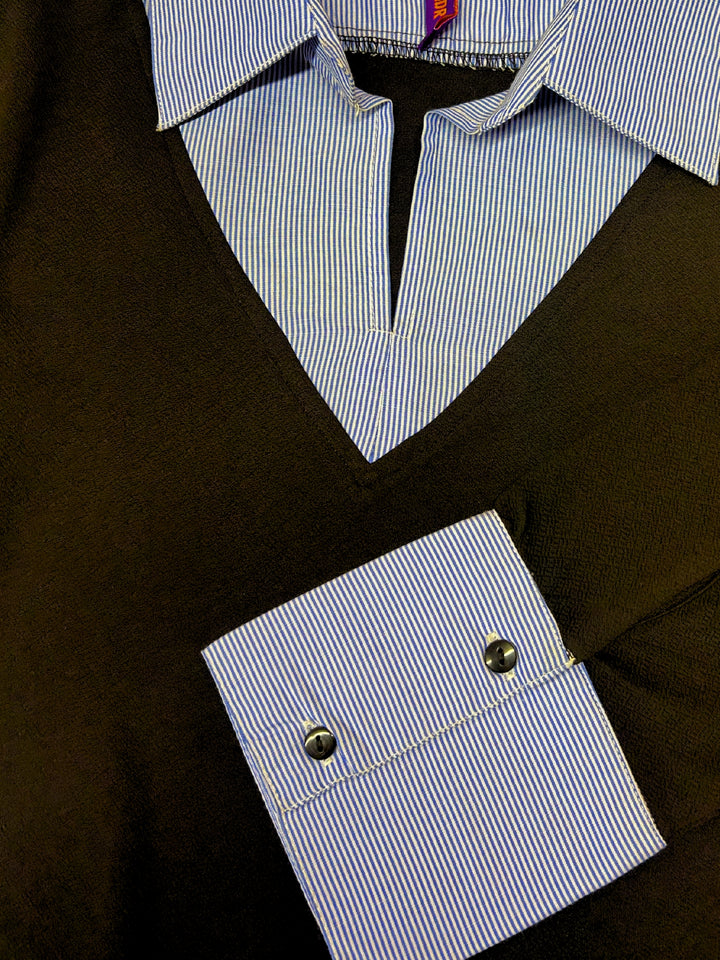 Black Full Sleeve Contrast Collar Fitted Top