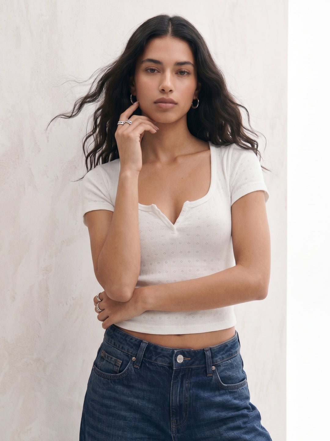 White Half Sleevd Button Knit Top