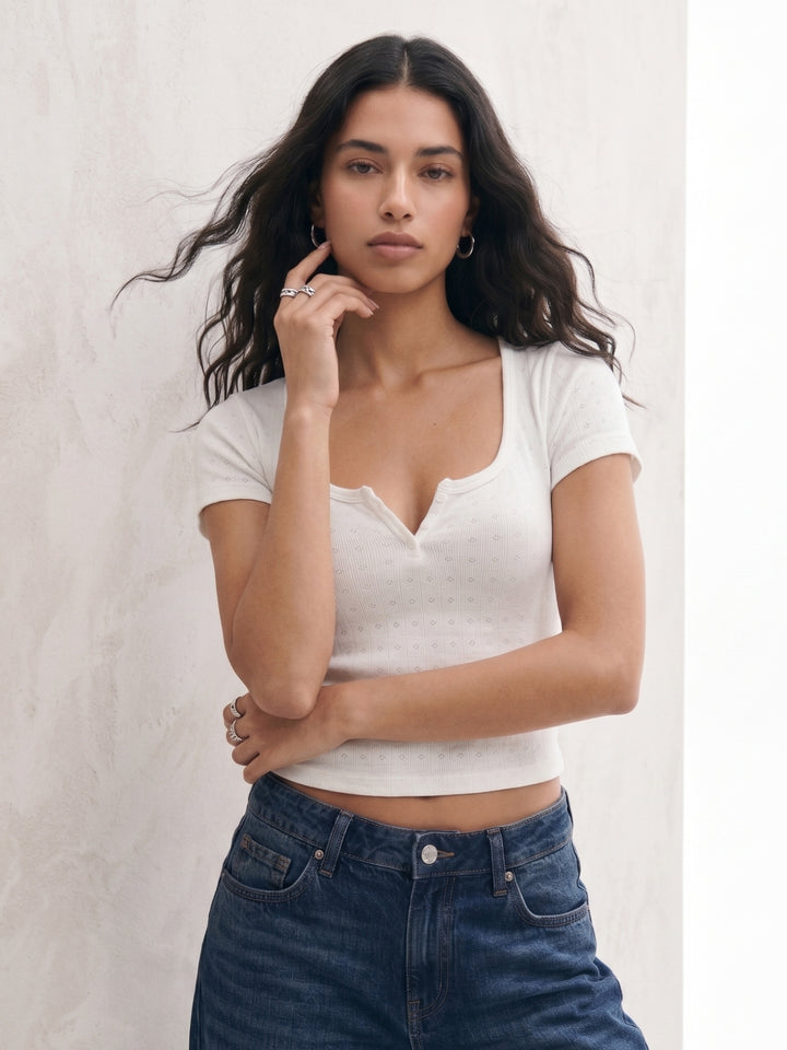 White Half Sleevd Button Knit Top