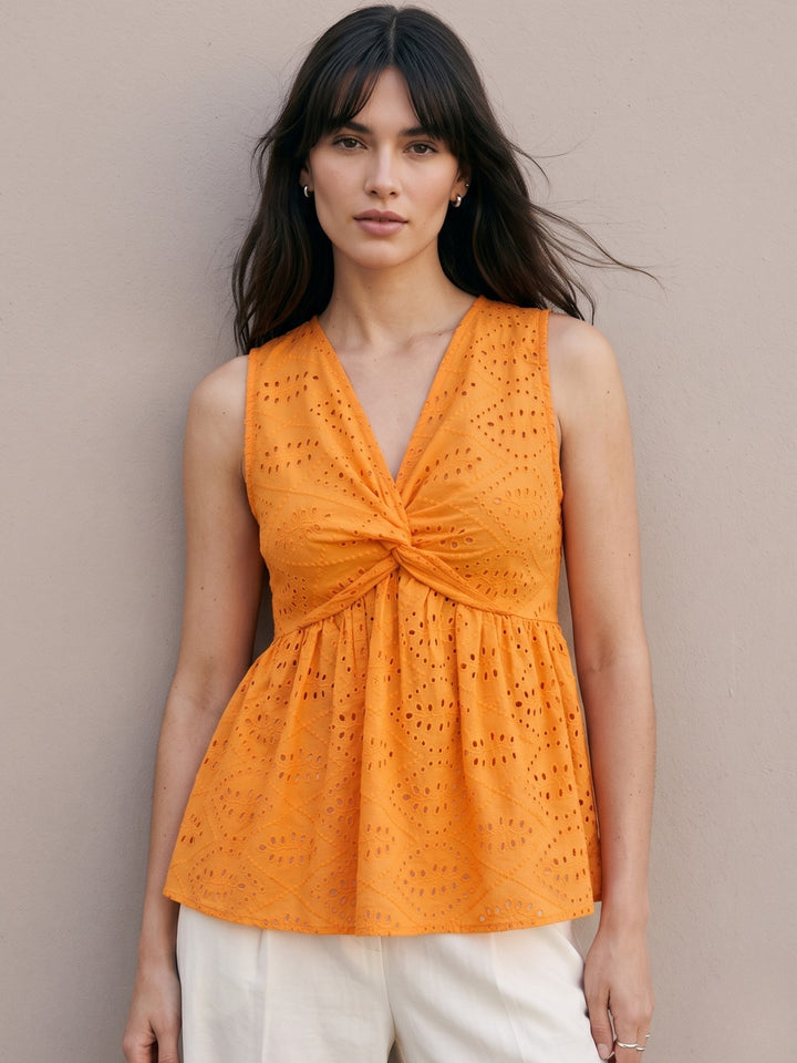 Orange Twist-Front Sleeveless Schiffli Blouse