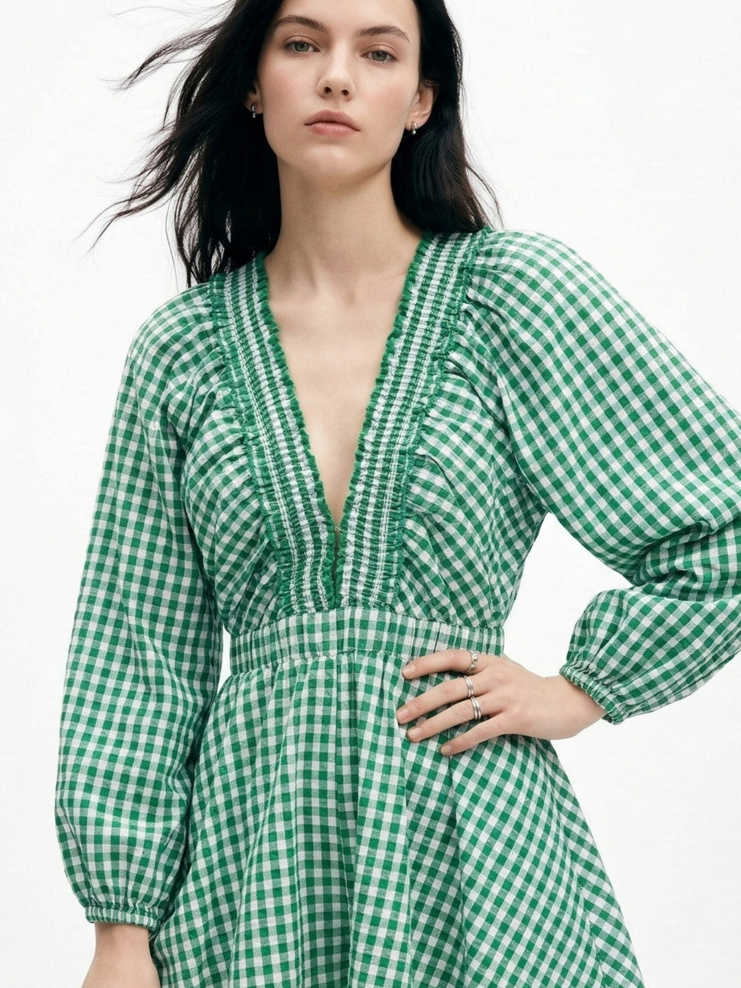 Green Plunge Neck Checkered Mini Dress