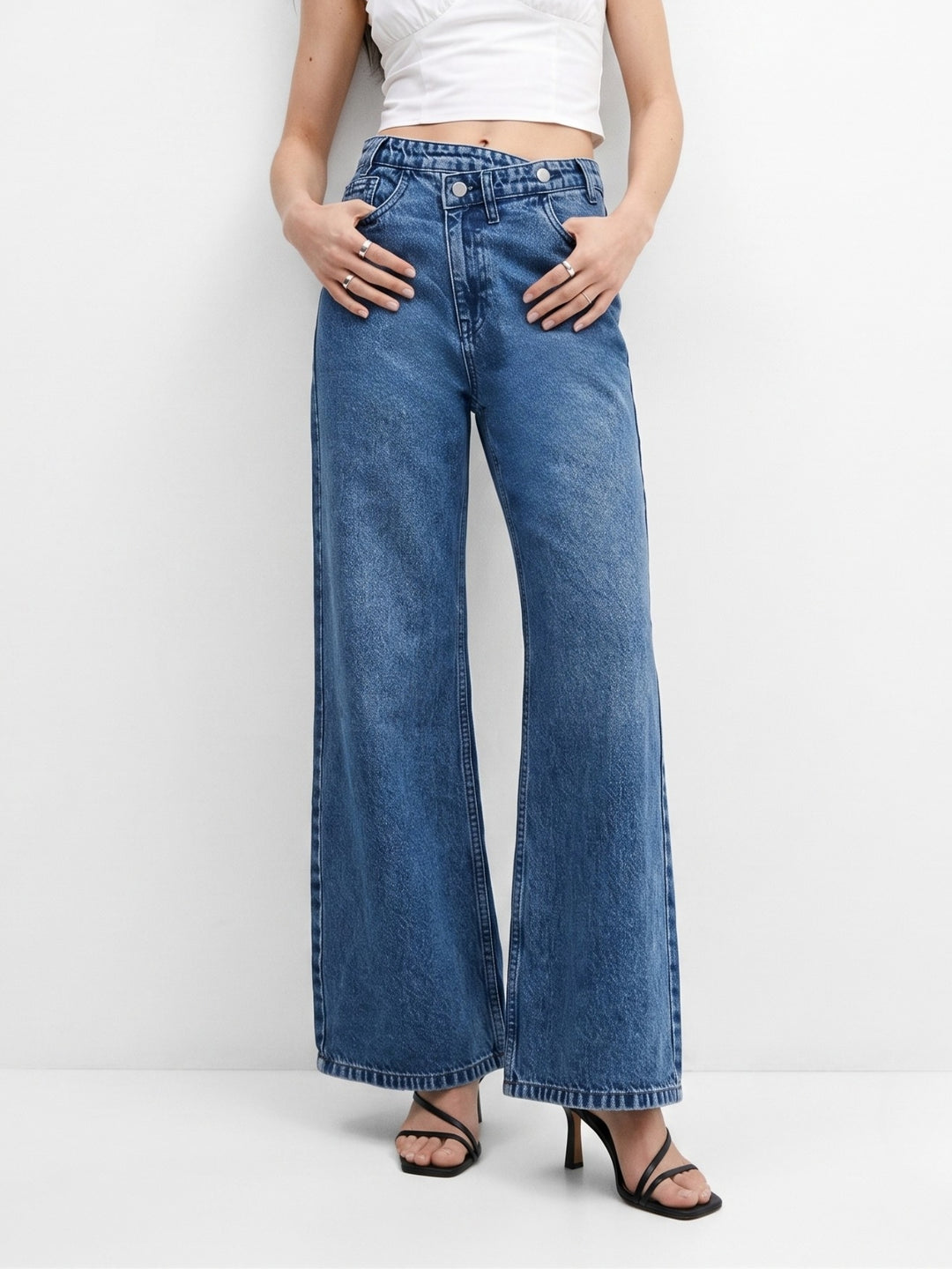 Blue High-Rise Asymmetric Waist Wide Jeans