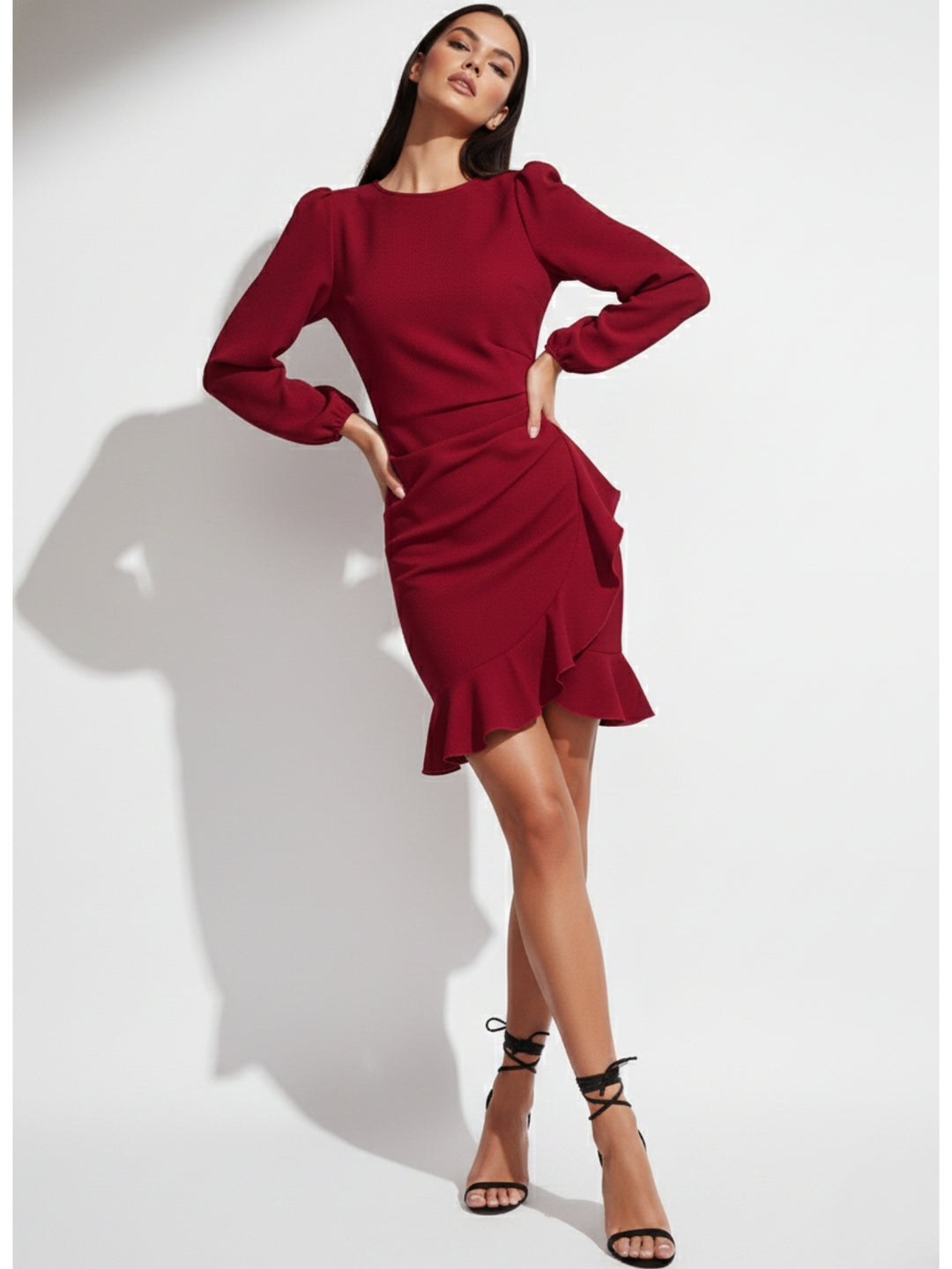 Red High Neck Balloon Sleeved Mini Dress