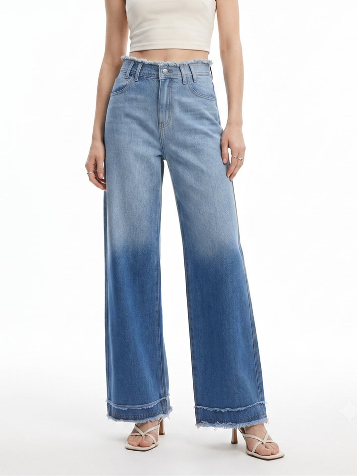 Blue Freyed Waist Band With Thick Hem Detailed Jeans